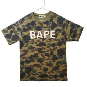 A Bathing Ape BAPE Camo Logo T-Shirt Green Camouflage Large Spellout Tee Japan